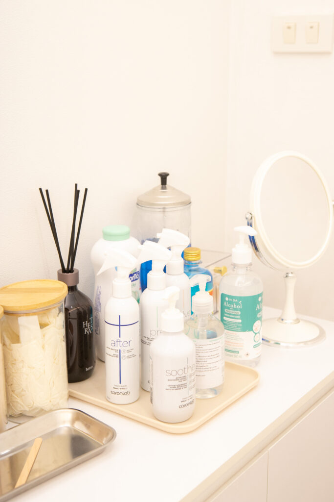 Skincare products in the treatment room